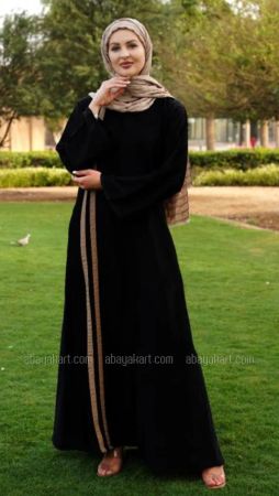 Abaya with Beige Double Bands on the Front in Black