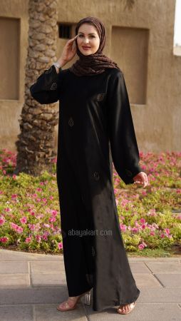 Elegant Black Abaya with Golden Glass Stones on the Front and Sleeves