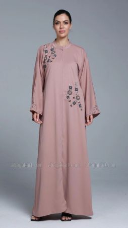 Front Open Hand Embroidery Abaya In Peachy Pink