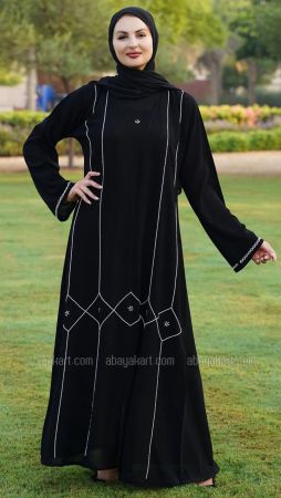 Masha Crepe Abaya with White Crystal Handwork on the Front and Sleeves in Black